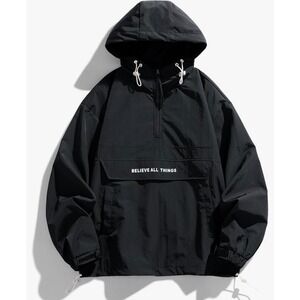 Mens Black Half Zip Anorak Windbreaker Believe All Things Graphic Hooded Jacket